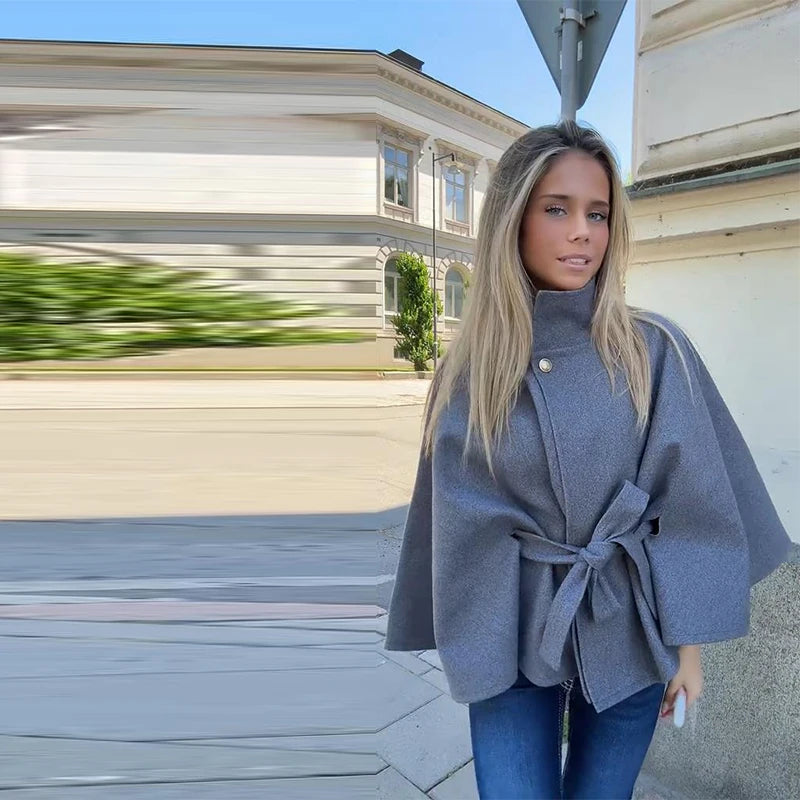 Coats - Elegant Stand Women's Coat Solid Long Sleeve Button Belted Lace-Up Cardigan Jacket 2025 Autumn Winter Outerwear Female Tops