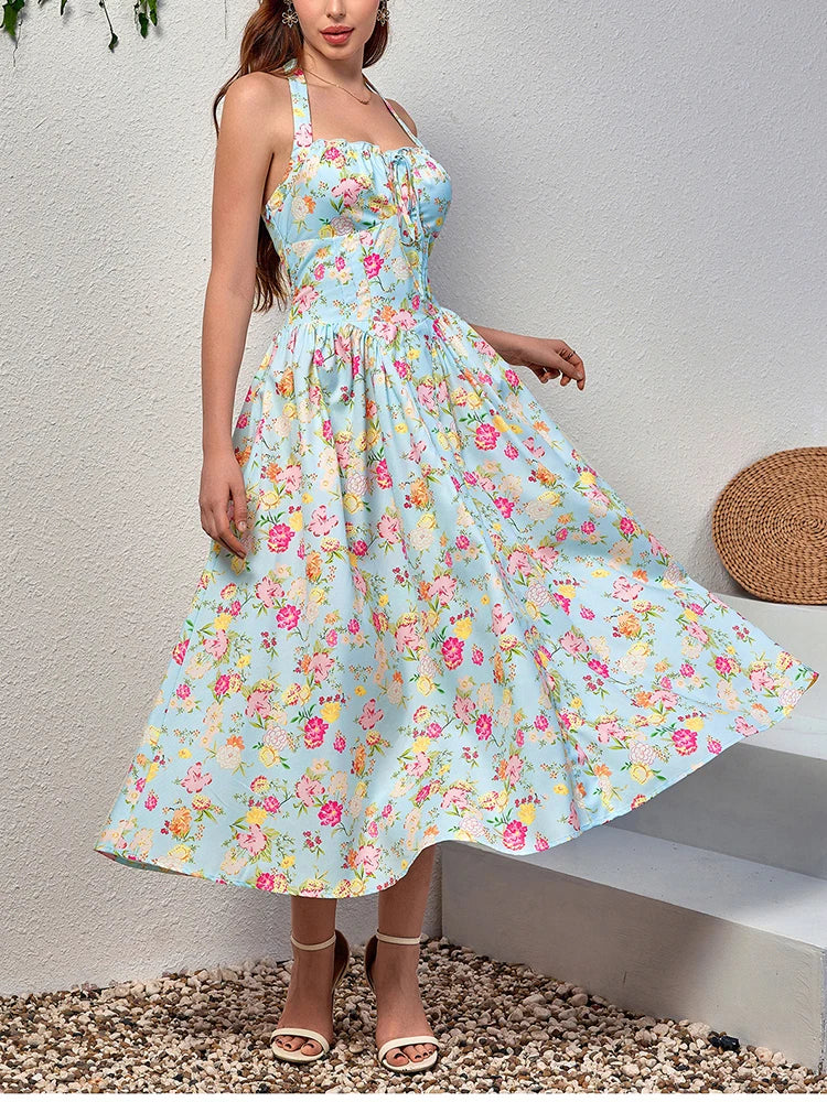 Floral Dresses - Women's Halter Backless Print Floral Midi Corset Dress Spaghetti Straps Tie Up Fashion Casual Holiday Long Dresses Pink
