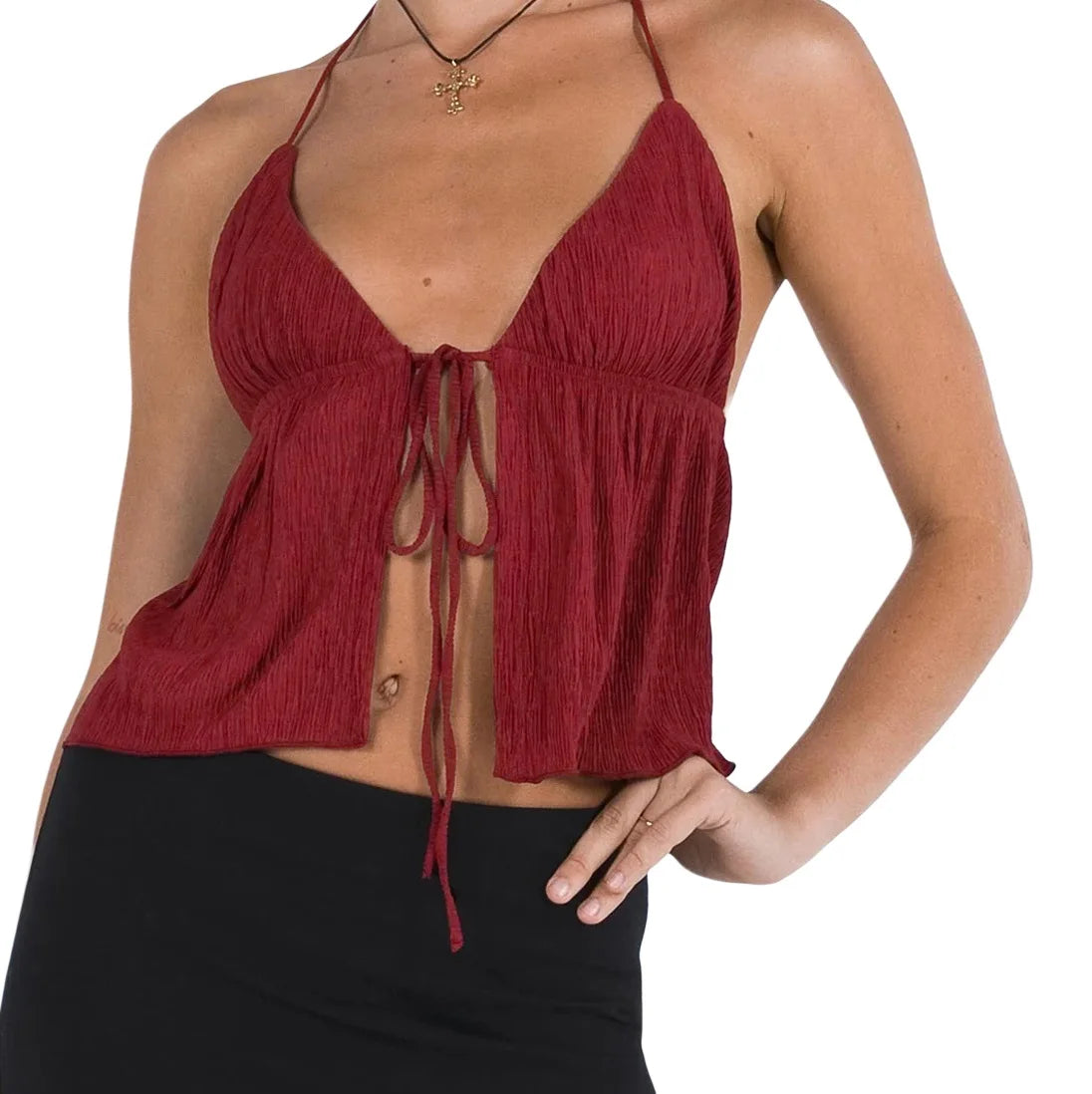 Tie Tops - Women Sexy Halter Tie-up Vest Tops Casual Street Solid Color Sleeveless Backless Open Front Tie-up Split Camisoles