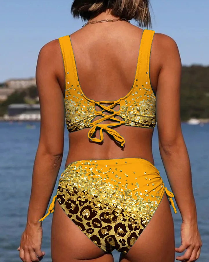 Swimwear - 2024 Drawstring V Neck High Waist Bikini Women Printed Swimwear Female Swimsuit Bathers Bathing Swimming Suit Beachwear Summer