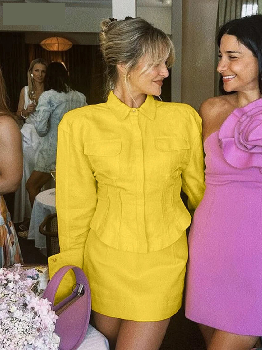 Matching Sets - Fashion Slim Yellow Cotton 2 Piece Set Women Outfit 2025 Elegant Long Sleeve Shirt With High Waist Mini Skirt Set Female