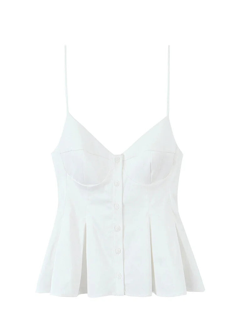 Cami Tops - Summer Women Striped Sleeveless V-Neck Mini Top Woman Slim High Street Short Dress Pleated Button Decoration Top