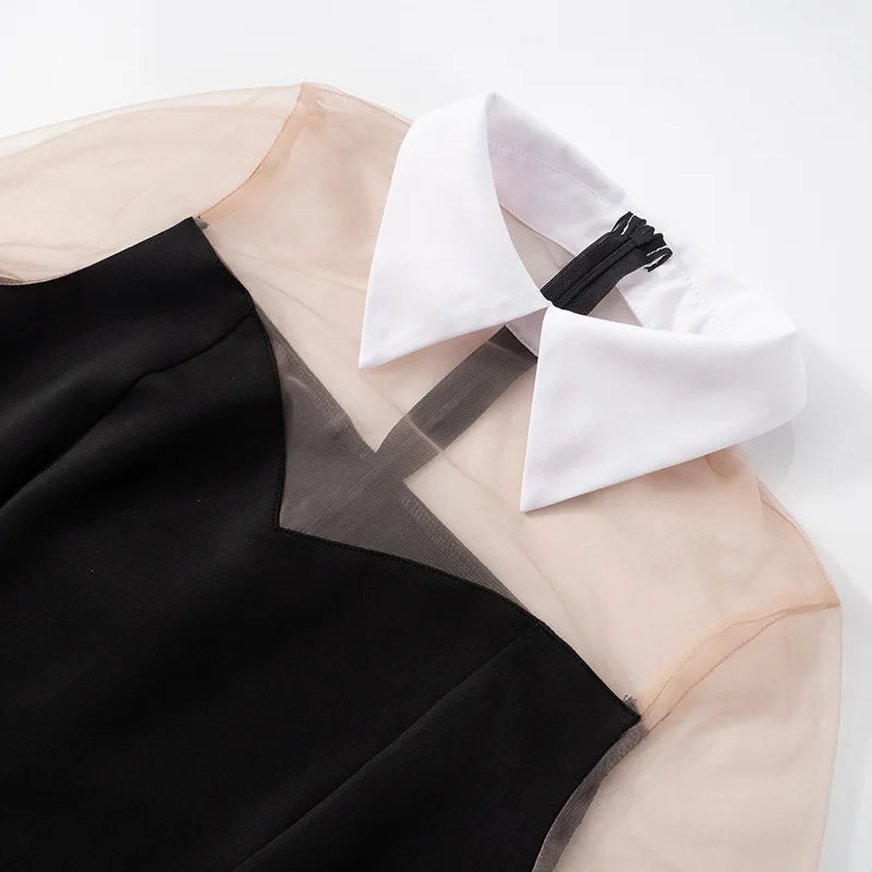 Shirt Dresses - Pullover Women Sexy Mesh See Through Turn Down Collar Night Club Dress Evening Party Summer Short Elegant Fashion Dress