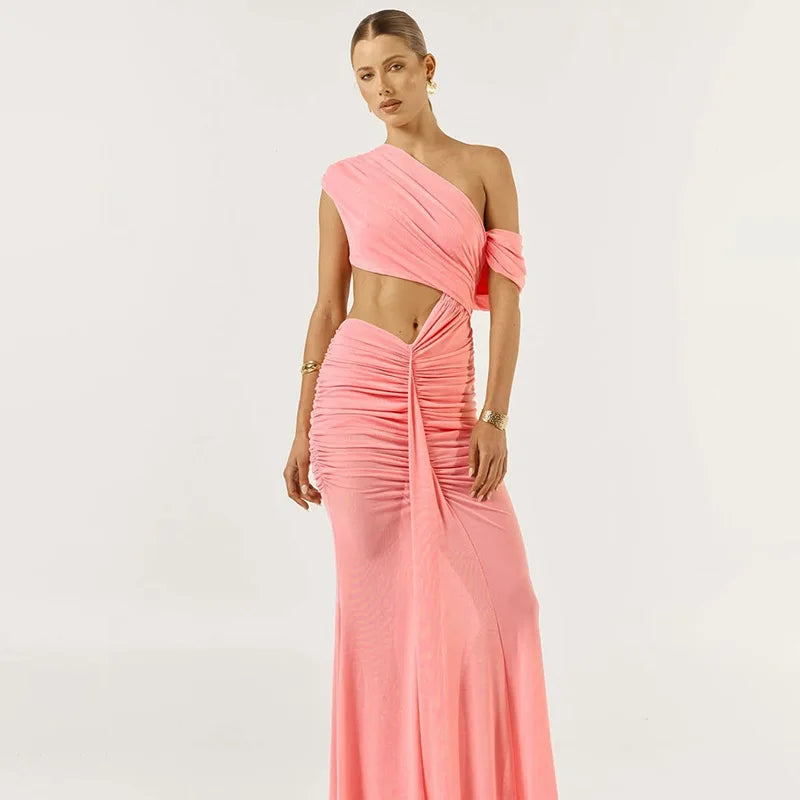 Elegant Dresses - Sexy Sleeveless Hollow Out Pleated Patchwork Maxi Dress For Women High Waist Off-shoulder Slim Club Party Long Dress