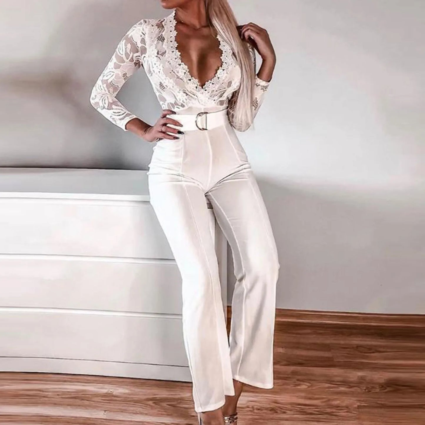 Elegant Jumpsuits - Sexy Lace V Neck Belted Jumpsuit Spring Summer Women'S Rompers Elegant Lady Wide Leg Overalls Fashion Casual White Playsuit 2024