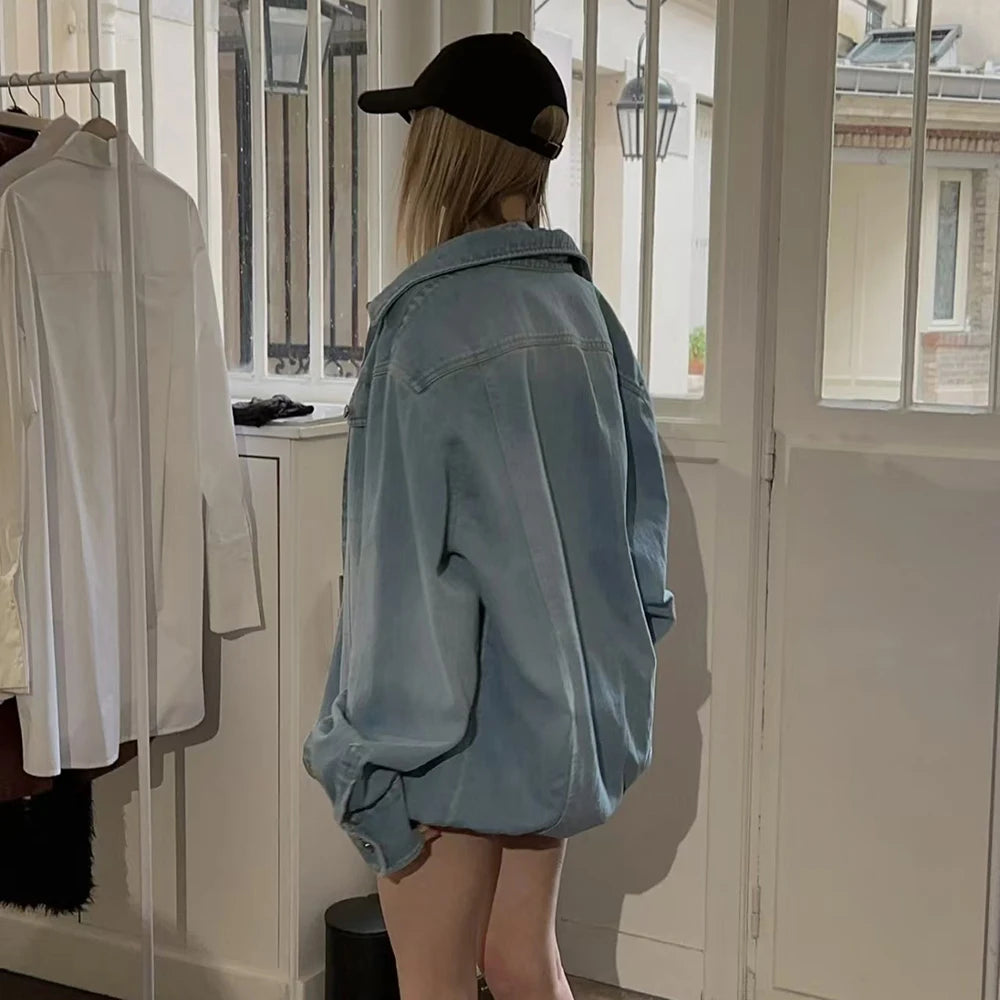 Denim Outfits - Loose Chic Jackets For Women Lapel Long Sleeve Streetwear Patchwork Pockets Coats Female Fashion Style New