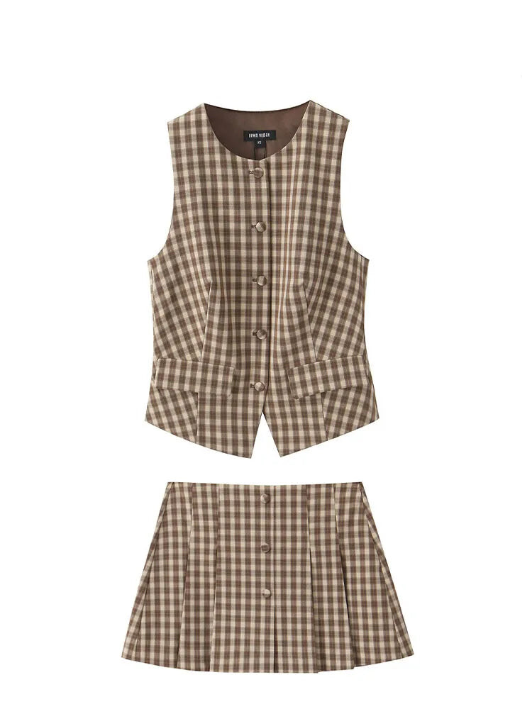 Skirts set - TRAFZA Women 2 Piece Set Elegant Plaid O-Neck Single Breasted Pocket Decorate Vest Top+Chic Zipper Pleated Slim Mini Culottes