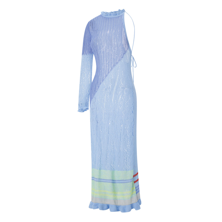 Beach Dresses - Contrast Color Hollow-Out Knit Beach Long Dress 2023 Summer See-Through One-Shoulder Long Sleeve Halter Tie-up Cover-Ups Dress