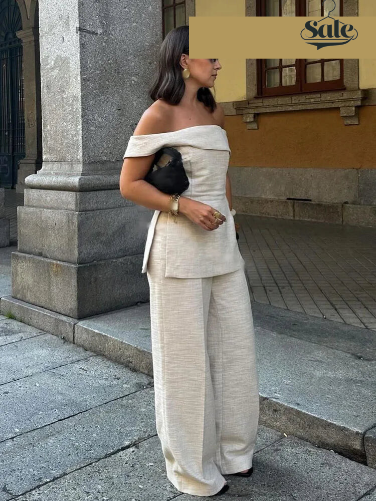 Pants Sets - Women Elegant Solid Slim Back Zipper Side Slit Crop Design Slash Neck Top+High-Waisted Zip-up Loose Long Pant 2 Piece Set