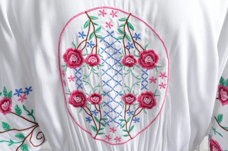 Kaftans - Jastie Embroidered Women Maxi Dress V-Neck Batwing Sleeve Loose Oversize Summer Dresses Drawstring Waist Boho Beach Vestidos