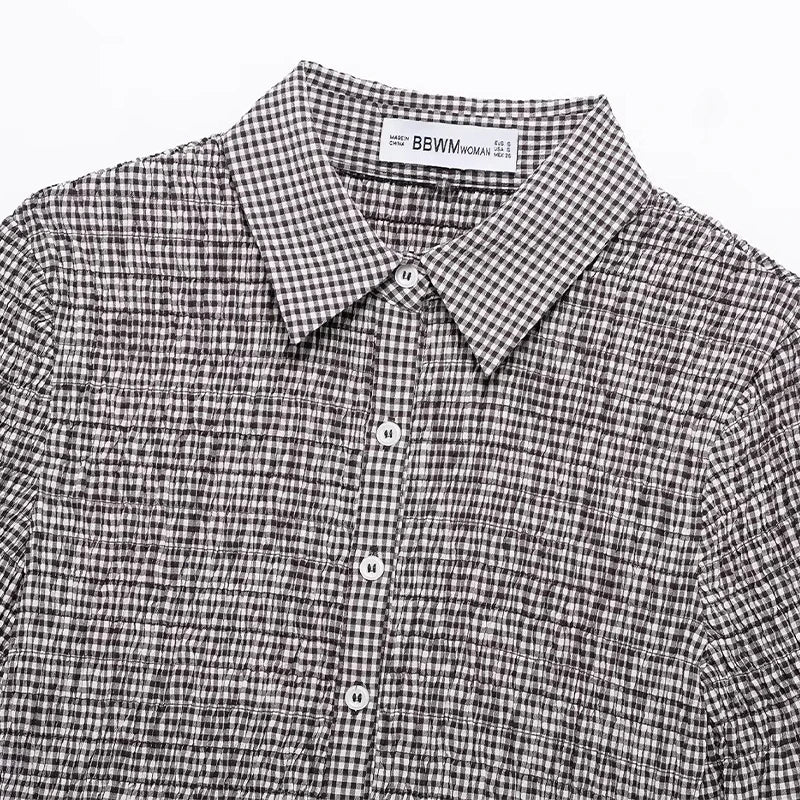 Crop Tops - Women Fashion Plaid Pleated Single Breasted Blouse Vintage Lapel Neck Short Sleeves Female Chic Lady Shirts