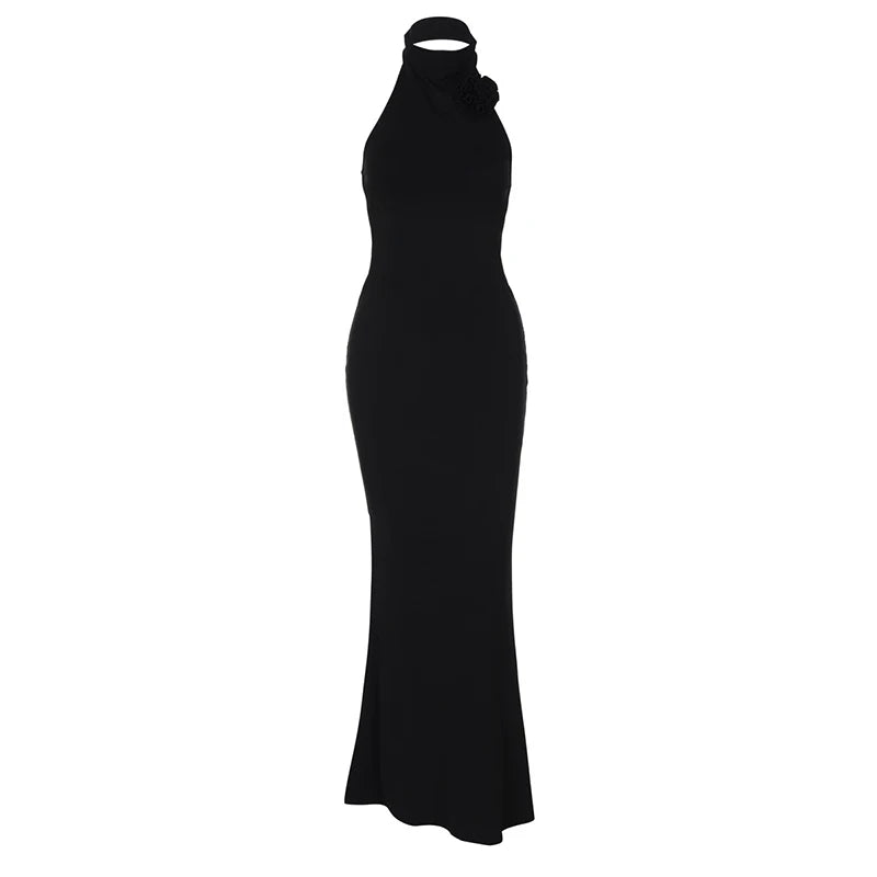 Elegant Dresses - Flower Sleeveless Sexy Maxi Dress For Women Gown Fashion Halter Backless Bodycon Evening Club Long Dress Vestido