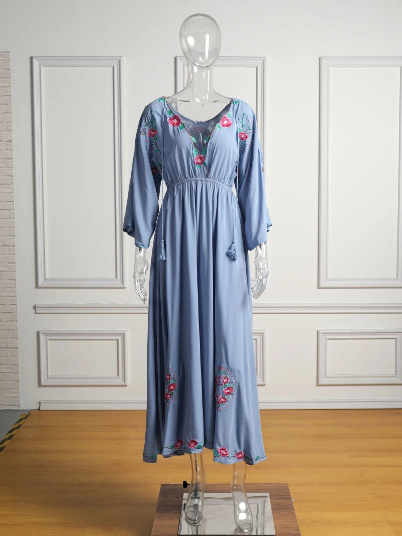 Kaftans - Jastie Embroidered Women Maxi Dress V-Neck Batwing Sleeve Loose Oversize Summer Dresses Drawstring Waist Boho Beach Vestidos