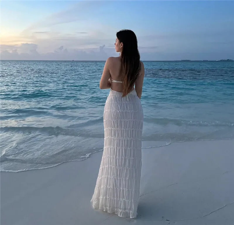 Party Dresses - Mozision Halter Backless Sexy Maxi Dress For Women Spring Summer New Lace-up Sleeveless Pleated Beach Holiday Long Dress Elegant