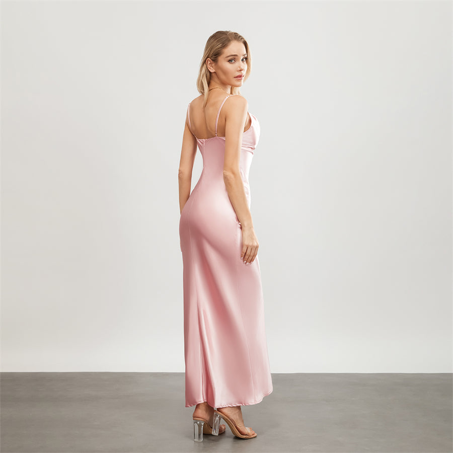 Satin Dresses - Backless Spaghetti Straps Party Long Dresses 2024 New Evening Gown Satin Vestidos Women's Cowl Neck Slip Wrap Dress
