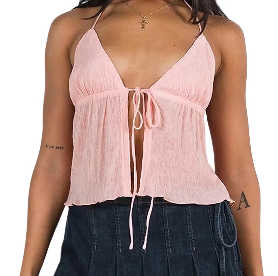 Tie Tops - Women Sexy Halter Tie-up Vest Tops Casual Street Solid Color Sleeveless Backless Open Front Tie-up Split Camisoles