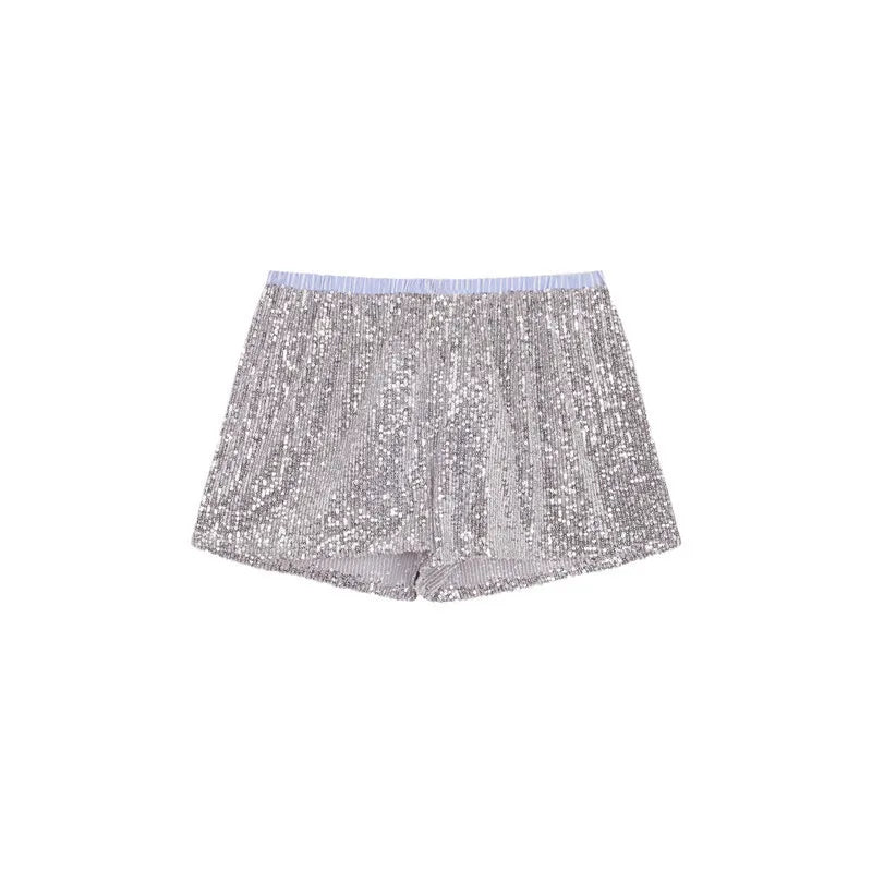 Shorts Sets - Silver Glitter Shorts Sets Women Contrast Color Single-breasted Shirt And Shorts Sparkle Two Piece Set Shorts Sets