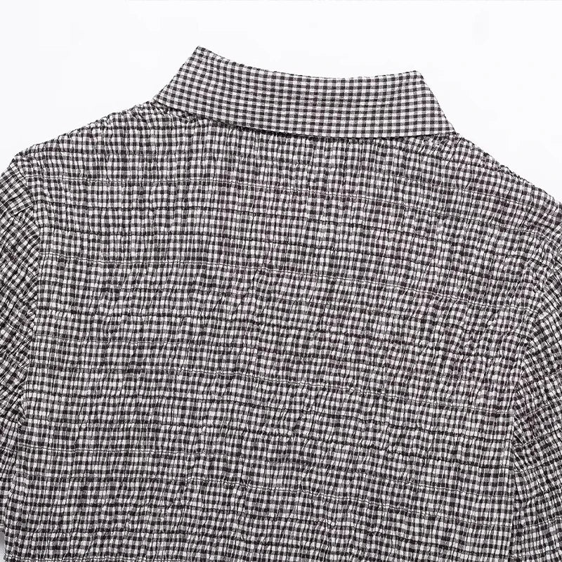 Crop Tops - Women Fashion Plaid Pleated Single Breasted Blouse Vintage Lapel Neck Short Sleeves Female Chic Lady Shirts