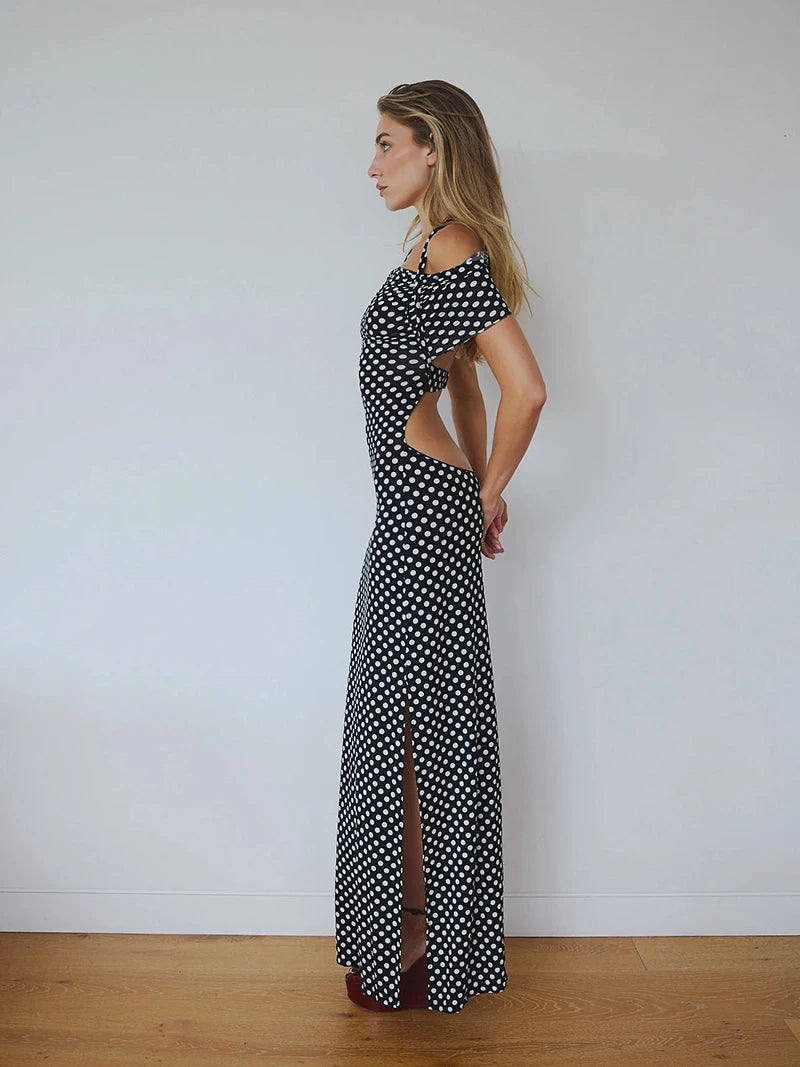 Halter Dresses - Off-shoulder Polka Dot Maxi Dress For Women Gown Fashion Halter Sleeveless Backless bodycon Split Long Dress Elegant