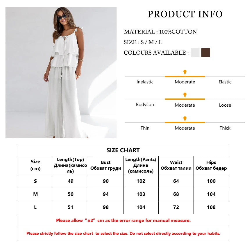 Matching Outfit Set - Loose White Cotton Women's Two Pieces Set 2025 Fashion Sleeveless Tank Top With High Waist Wide Pants Set Female