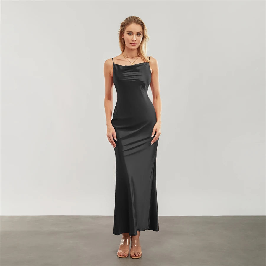 Satin Dresses - Backless Spaghetti Straps Party Long Dresses 2024 New Evening Gown Satin Vestidos Women's Cowl Neck Slip Wrap Dress