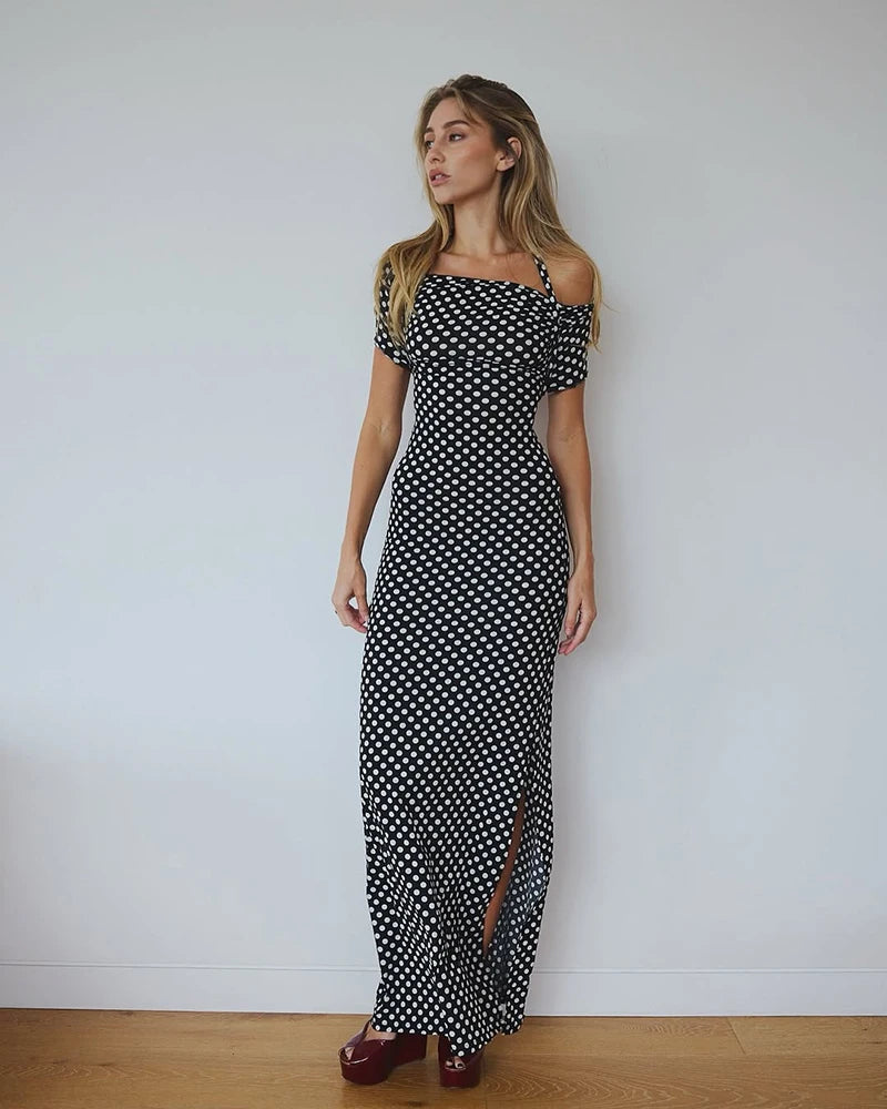 Halter Dresses - Off-shoulder Polka Dot Maxi Dress For Women Gown Fashion Halter Sleeveless Backless bodycon Split Long Dress Elegant