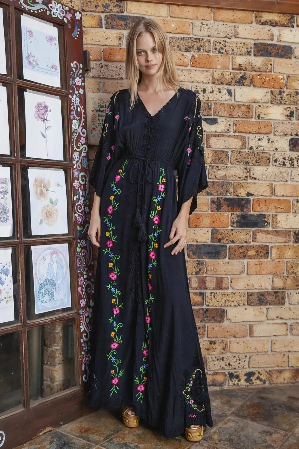 Kaftans - Jastie Embroidered Women Maxi Dress V-Neck Batwing Sleeve Loose Oversize Summer Dresses Drawstring Waist Boho Beach Vestidos