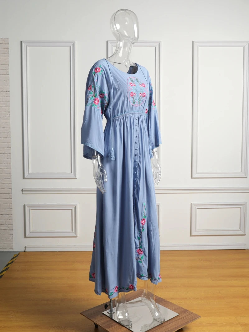 Kaftans - Jastie Embroidered Women Maxi Dress V-Neck Batwing Sleeve Loose Oversize Summer Dresses Drawstring Waist Boho Beach Vestidos