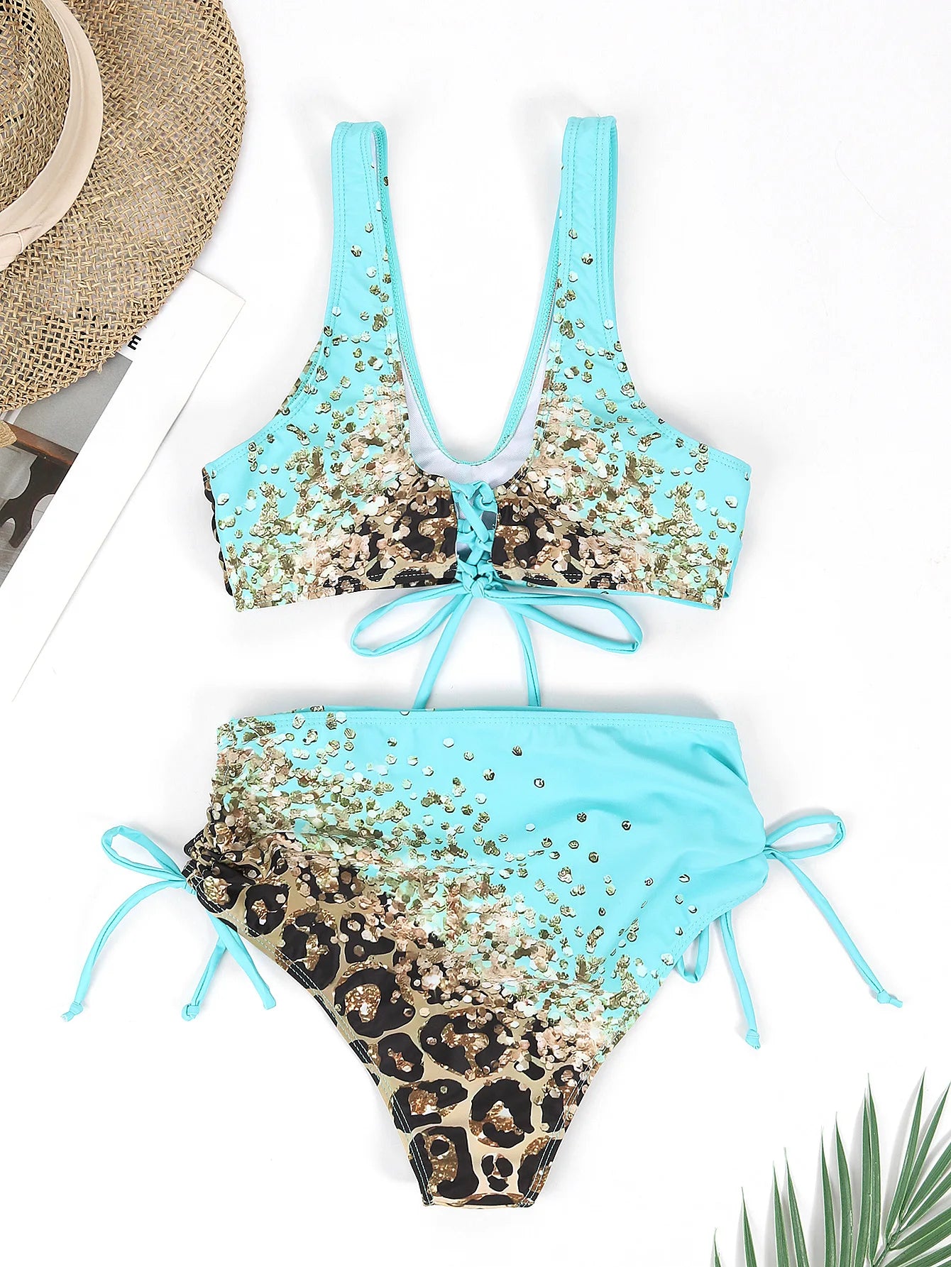 Swimwear - 2024 Drawstring V Neck High Waist Bikini Women Printed Swimwear Female Swimsuit Bathers Bathing Swimming Suit Beachwear Summer