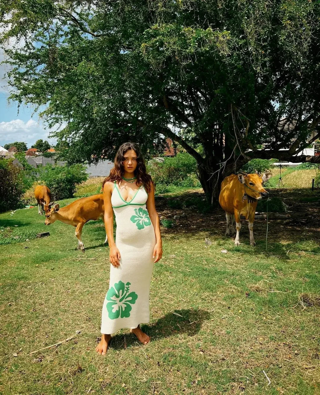 Vacation Dresses - 2024 Summer New Knitted Halterneck with Suspenders V-neck Sexy Backless Fashion Flower Print Slim Dress