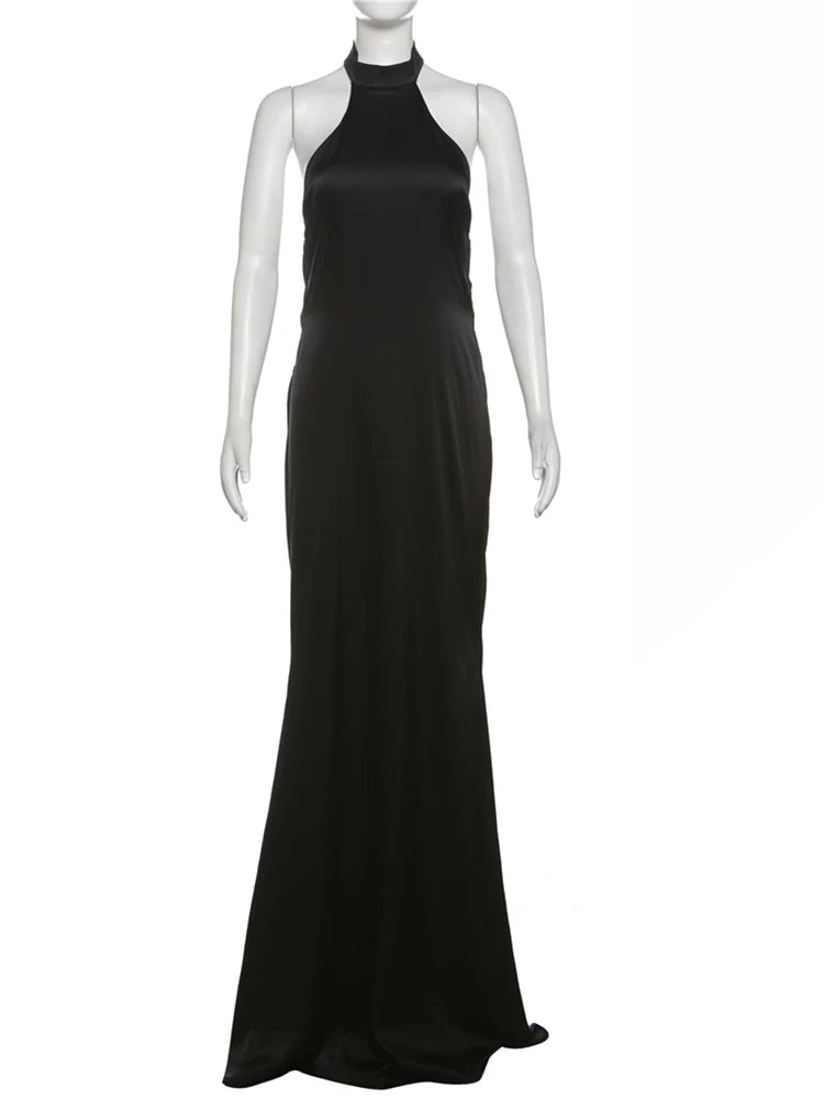Elegant Dresses - Halter Dress Women Smooth Backless Satin Silky Summer Trend Birthday Banquet Party Elegant Sleeveless Skinny Maxi Bodycon