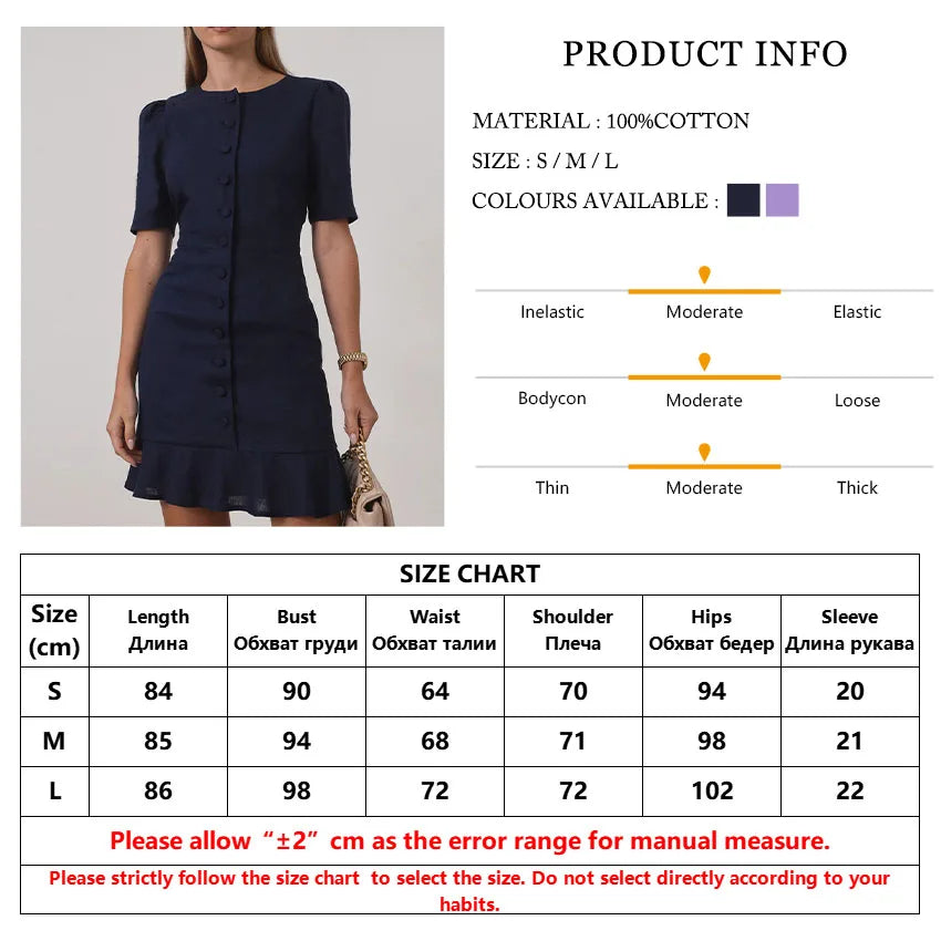 Dresses - Summer Slim Purple Cotton Women's Dress 2025 Fashion O-Neck Short Sleeve Mini Dresses Elegant Classic Solid Female Dress