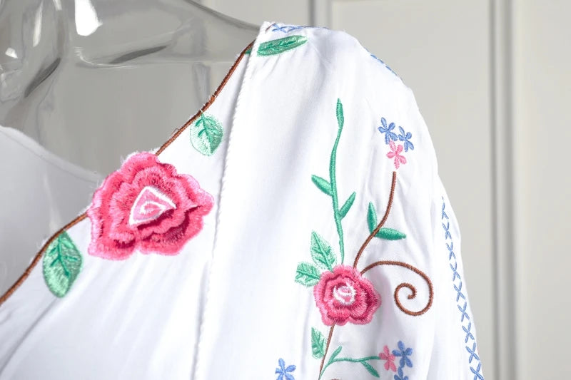 Kaftans - Jastie Embroidered Women Maxi Dress V-Neck Batwing Sleeve Loose Oversize Summer Dresses Drawstring Waist Boho Beach Vestidos