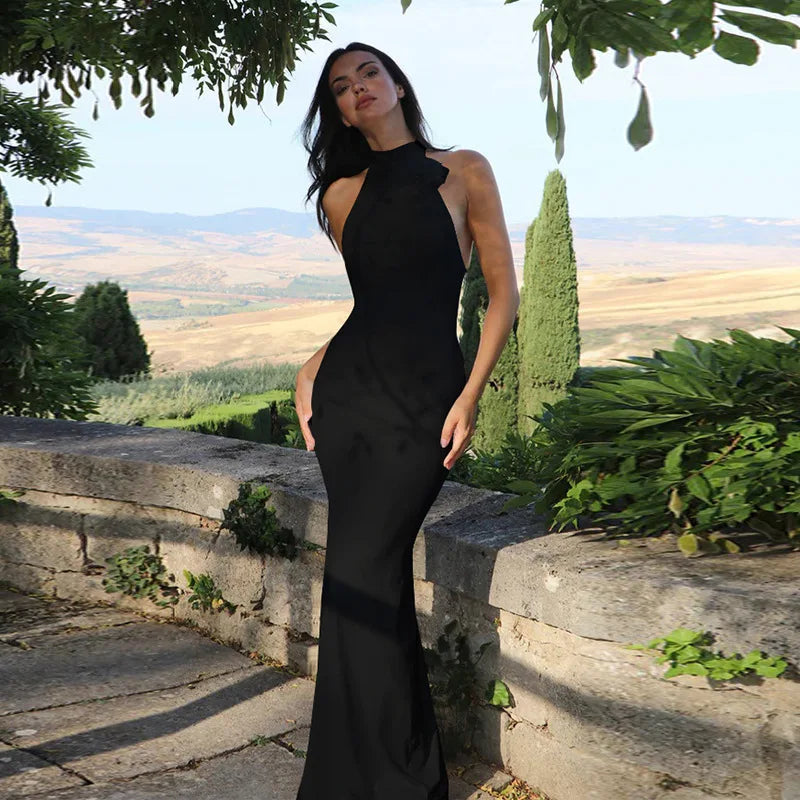 Elegant Dresses - Flower Sleeveless Sexy Maxi Dress For Women Gown Fashion Halter Backless Bodycon Evening Club Long Dress Vestido