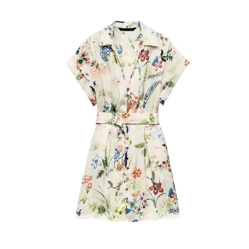 A-Line Dresses - ZBZA Women's Floral Print Satin Dress Short Turned-up Sleeves Self Belt Lapel Collar Pockets Button Mini Skirt Female Chic Dress