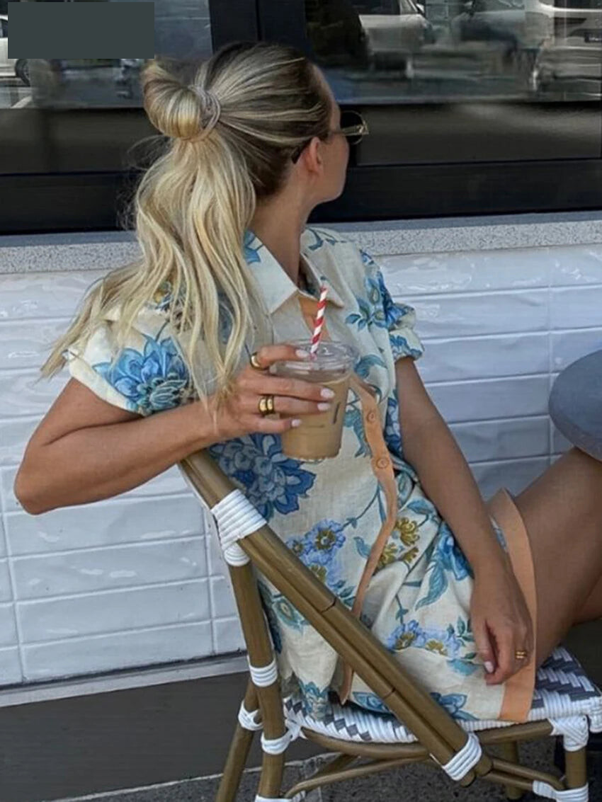 Matching Sets - Summer Loose Print Women 2 Piece Set Outfit 2025 Vintage Short Sleeve Shirt With High Waist Mini Skirt Set Streetwear