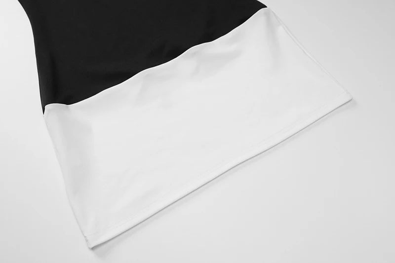 Mini Dresses - Sexy Half High Collar Half Sleeve Patchwork Mini Dress Women Slim Elegant High Waist Dress Streetwear Female Clothes