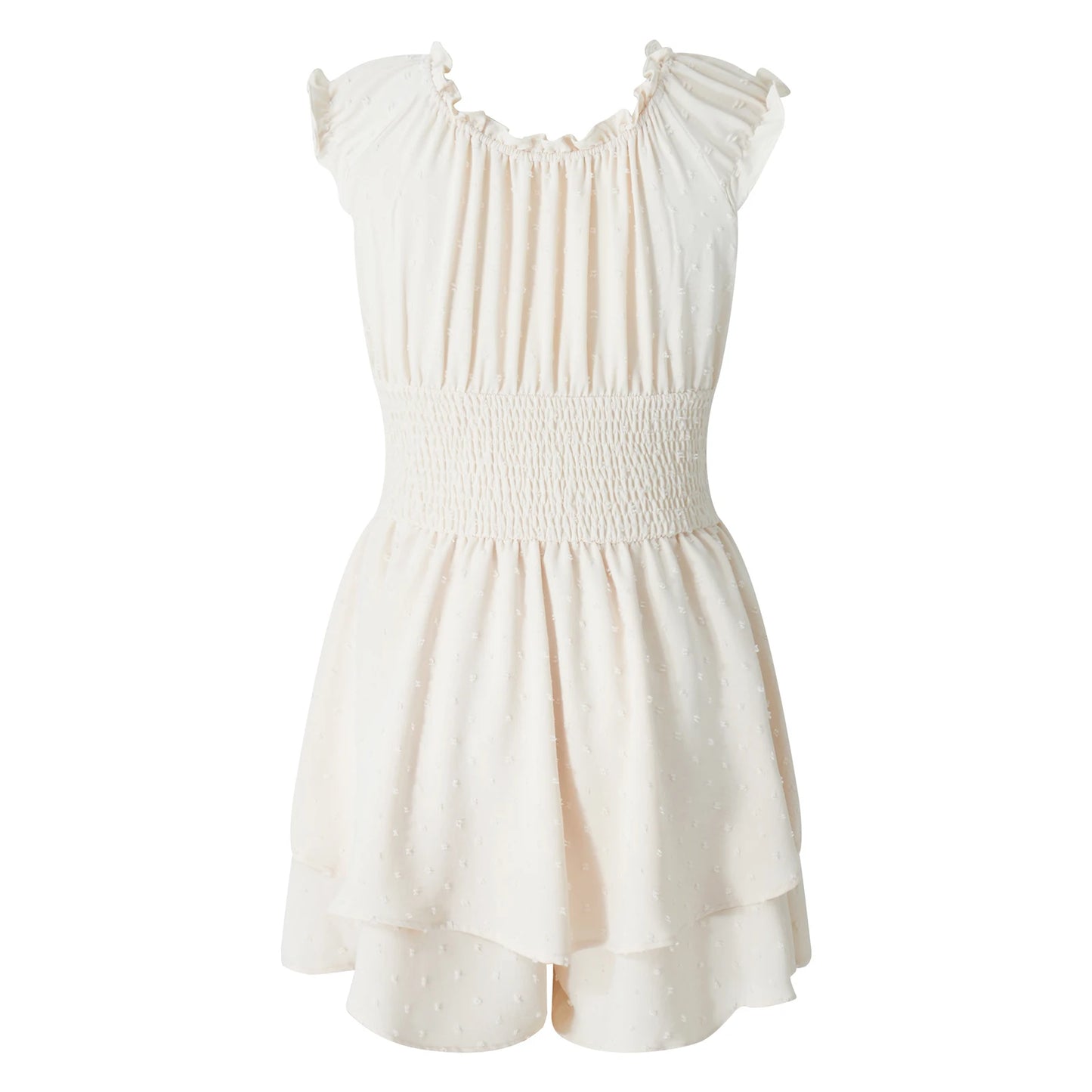 Playsuits - Boho Summer Off-Shoulder Ruffle Hem Playsuit Women Beach Streetwear Solid Color Short Sleeve High Waist Short Rompers