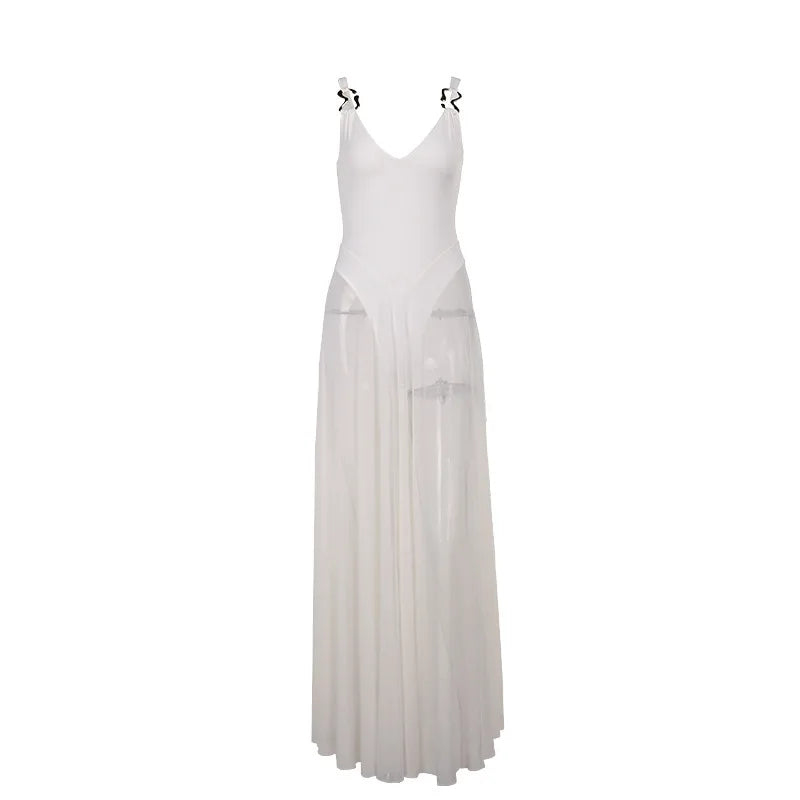 See-through Dresses - White Mesh Pleated Evening Club Party Dress Women Robes Backless Elegant Sexy Dress Bodycon Long Summer Dress Vestidos