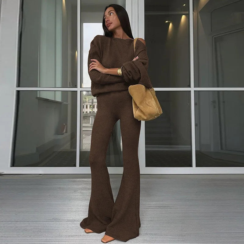 Elegant Fashion Outfits Two Piece Sets Asymmetrical Top and Flare Pant Casual Women Matching Sets Loungewear