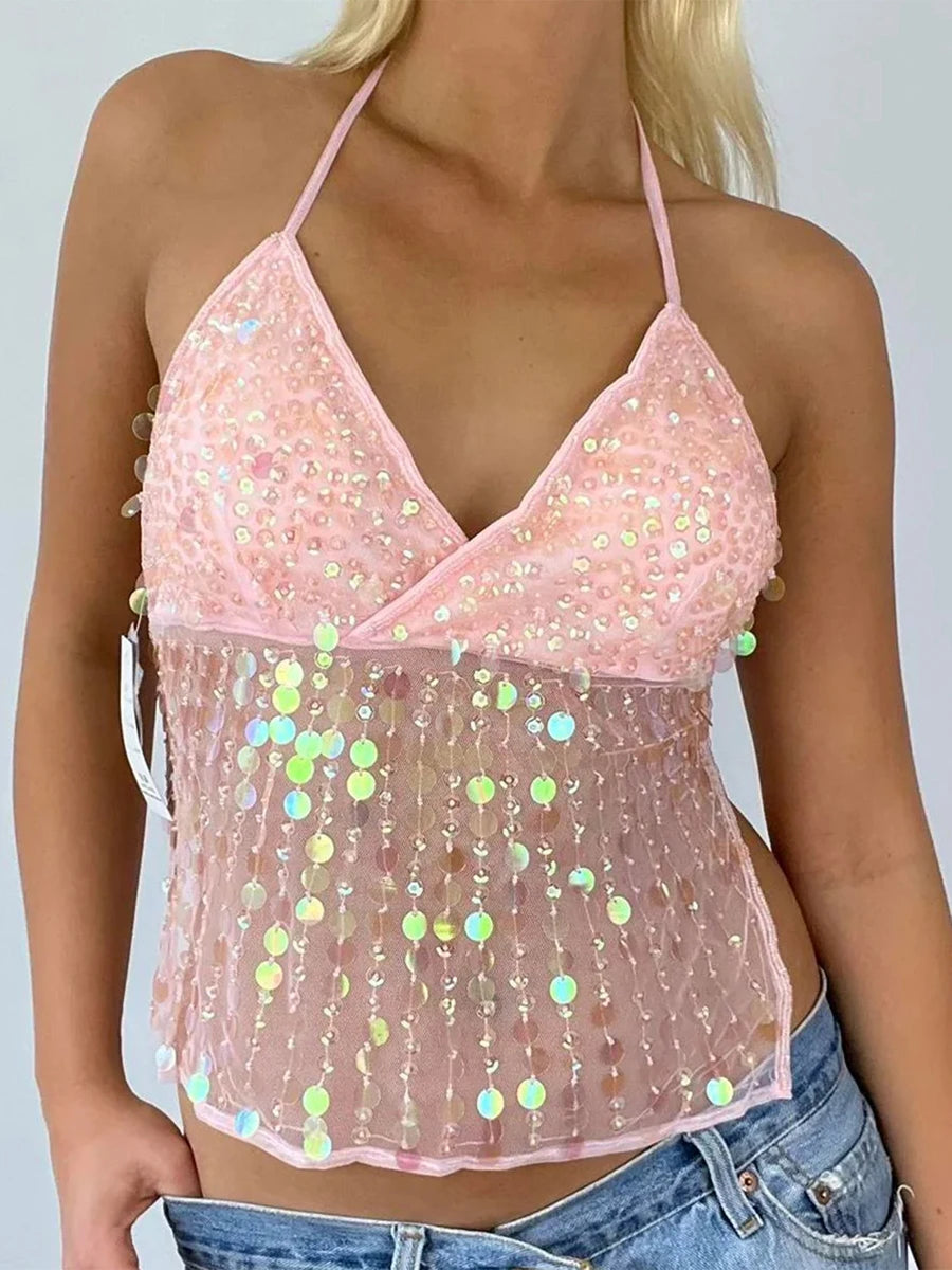 Tops - Women Y2k Sparkly Sequin Halter Beaded Camisole Cute Glitter Rhinestone Spaghetti Strap Backless Criss Cross Cami Top Blue