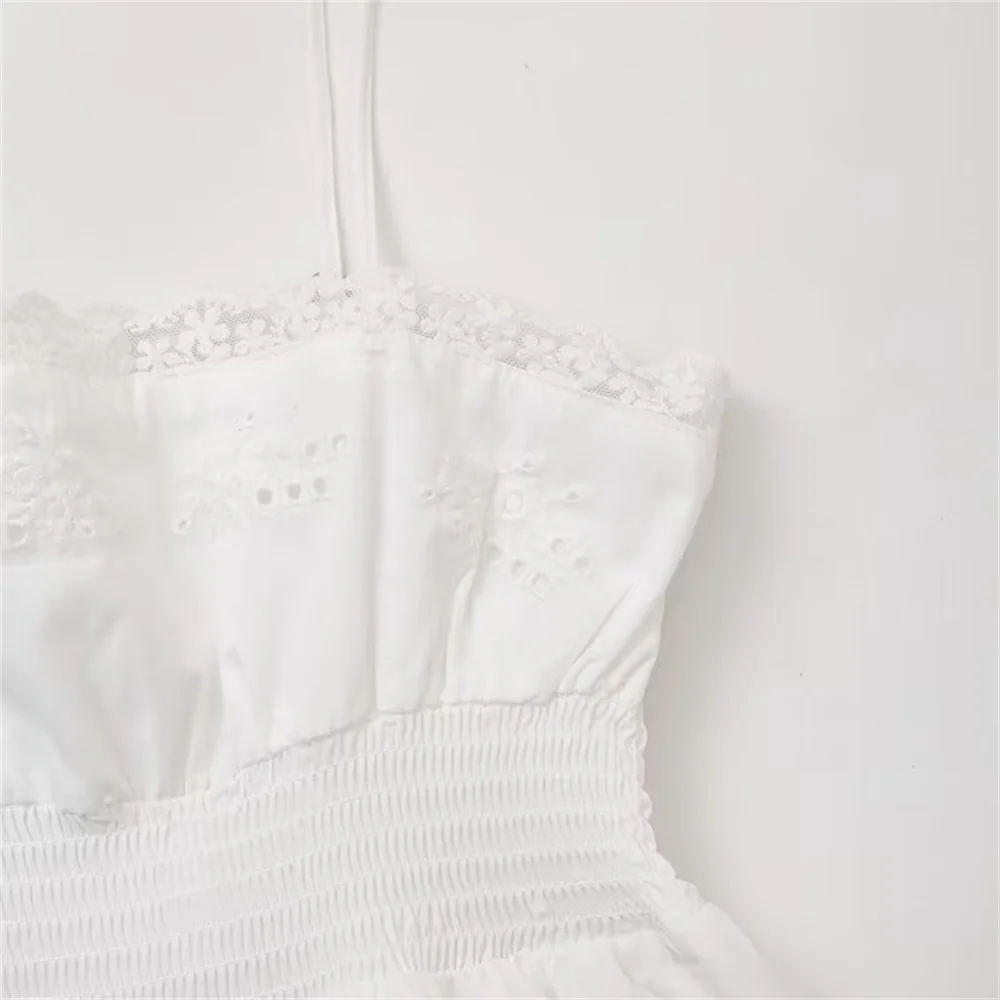 Vacation Dresses - Summer New Women's Fashion Style Slimming Sweet Solid Color Versatile Embroidered Lace Splicing Dress