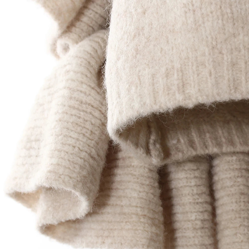 Knitwear - TWOTWINSTYLE Three Piece Set For Women Lapel Long Sleeve Coat High Neck Vest High Waist Patchwork Appliques Skirt Sets Female