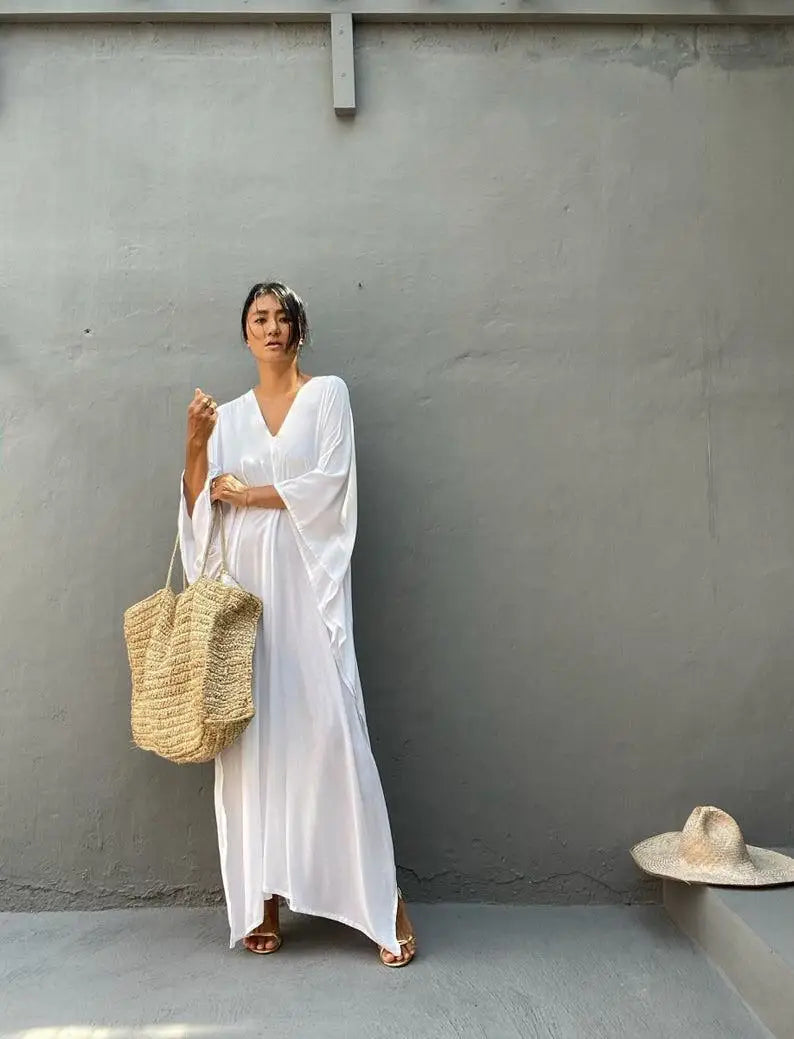 Kaftans - Women's Clothing Swimwears Solid Color Cover Up V Neck Batwing Sleeve Plus Size Beach Kaftan Dresses