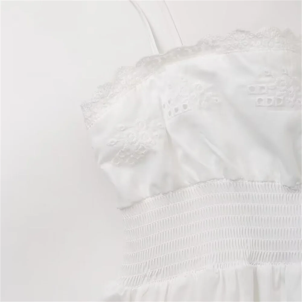 Vacation Dresses - Summer New Women's Fashion Style Slimming Sweet Solid Color Versatile Embroidered Lace Splicing Dress