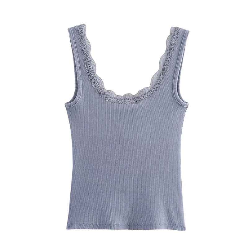 Knit Tops - Women Fashion Solid Lace Hem Knitted Vest Vintage Straps Square Collar Female Chic Lady Tank Tops