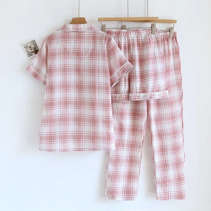 Pajamas - 100% Cotton Women's pajamas Summer Pajama Set Loose-fit Short Sleeve Shorts Trousers Three-piece Thin Homewear