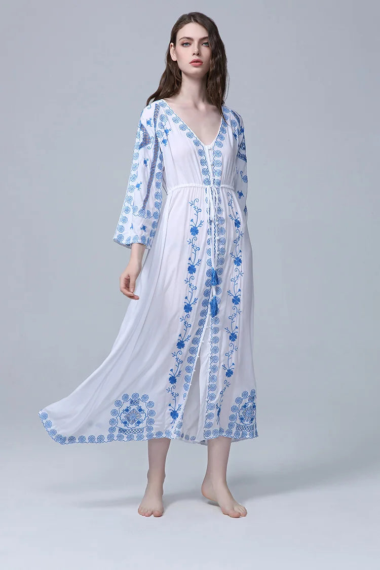 Kaftans - Jastie Embroidered Women Maxi Dress V-Neck Batwing Sleeve Loose Oversize Summer Dresses Drawstring Waist Boho Beach Vestidos