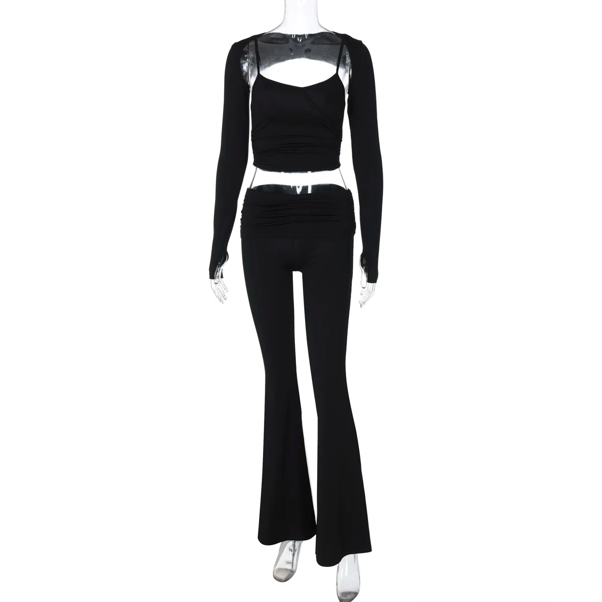 Matching Sets - Sexy Casual 2 Piece Pants Set Sleeveless Camisole With Long Sleeve Waistcoat Flare Pants Matching Set Club Streetwear