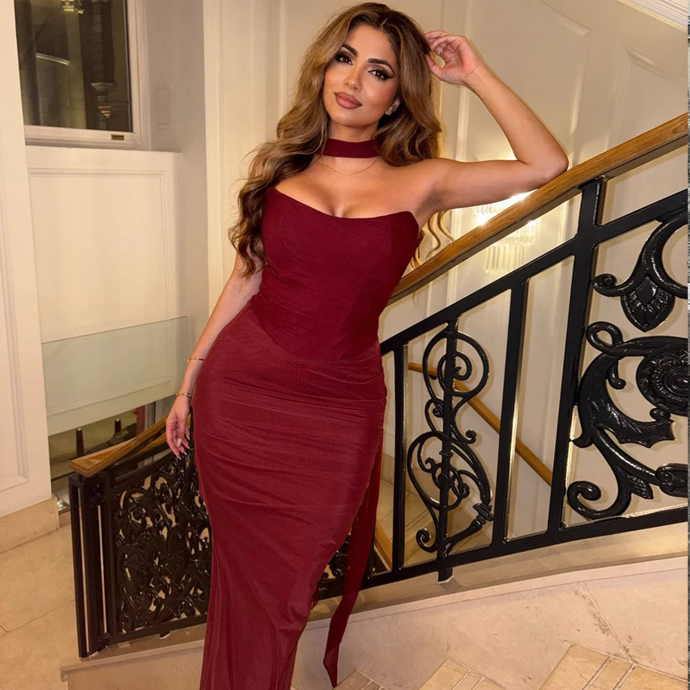 Elegant Matching Sets - Elegant Maxi Wedding Guest Dress Set Sexy Strapless Blue Cropped Top Set Bodycon Holiday Party Dresses Women